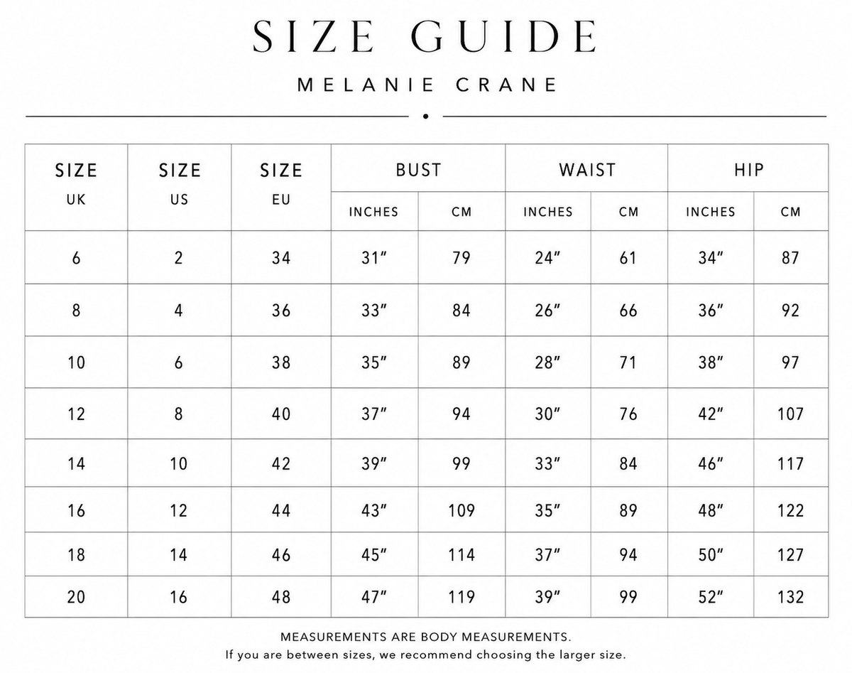 Melanie Crane size guide showing UK sizes 6 to 20 with bust, waist and hip measurements