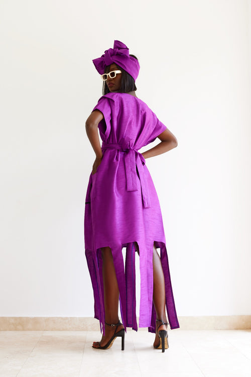 The Hera Dress in purple, back view