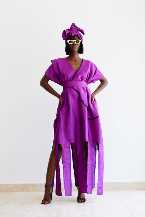 The Hera Dress in purple, front view